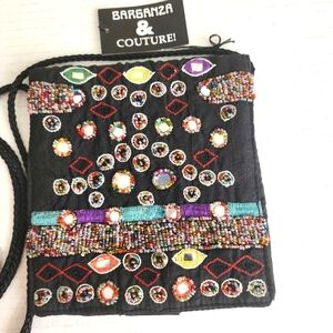 Barganza &Couture! Black silk,mirrored, embroidered, crossbody shoulder bag